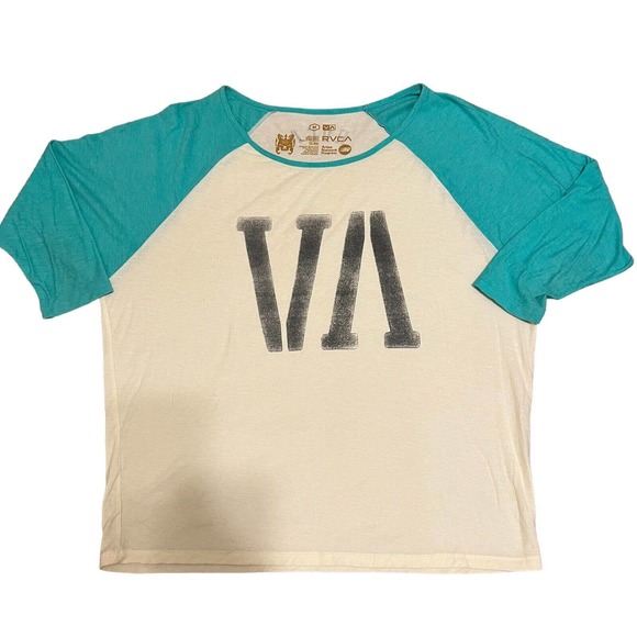 RVCA Women's Raglan 3/4 Sleeve Seafoam Green & Cream Logo T-Shirt - Size Medium - Picture 2 of 6
